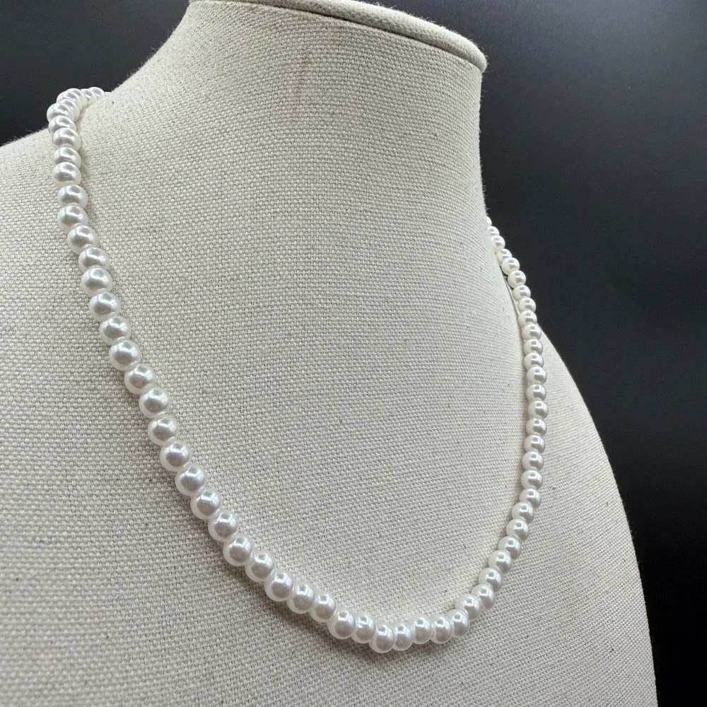 White Faux Pearl Necklace Silver Tone Extender Clasp Coquette Bridal Jewelry